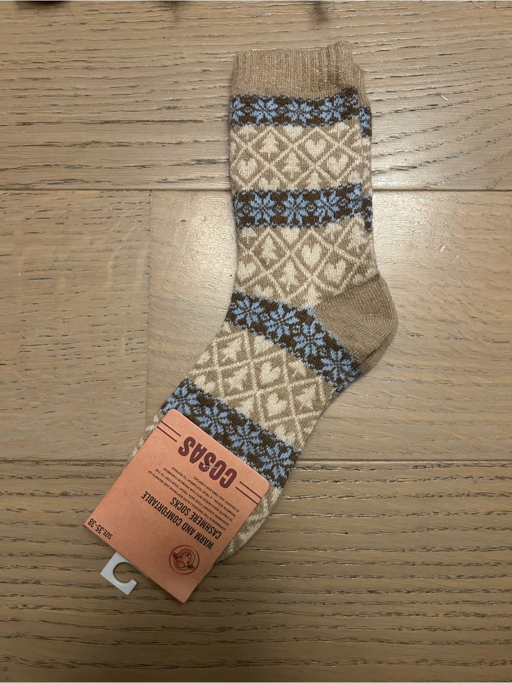 Cashmere Blend Patterned Women's Crew Socks - Beige & Light Blue Size 35-38